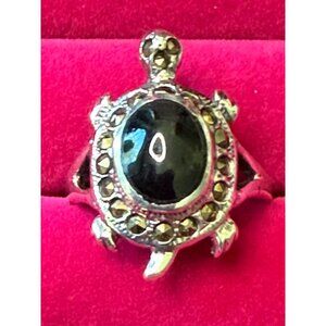 Vintage Turtle Ring With Black Onyx Stone & Marcasite Accents 8.75